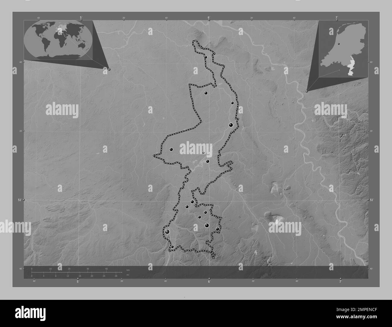 Limburg, province of Netherlands. Grayscale elevation map with lakes and rivers. Locations of major cities of the region. Corner auxiliary location ma Stock Photo