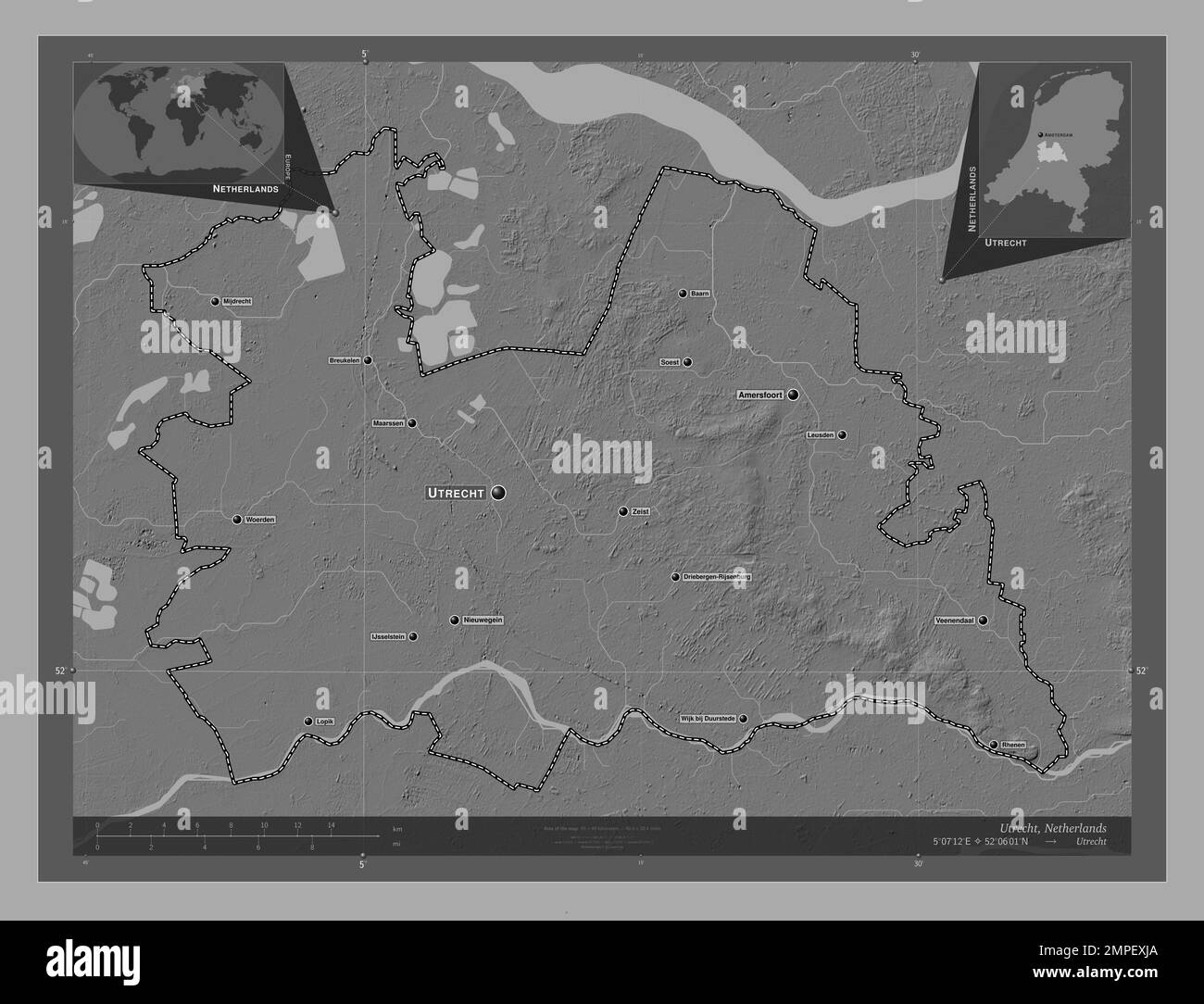 Utrecht, province of Netherlands. Bilevel elevation map with lakes and rivers. Locations and names of major cities of the region. Corner auxiliary loc Stock Photo