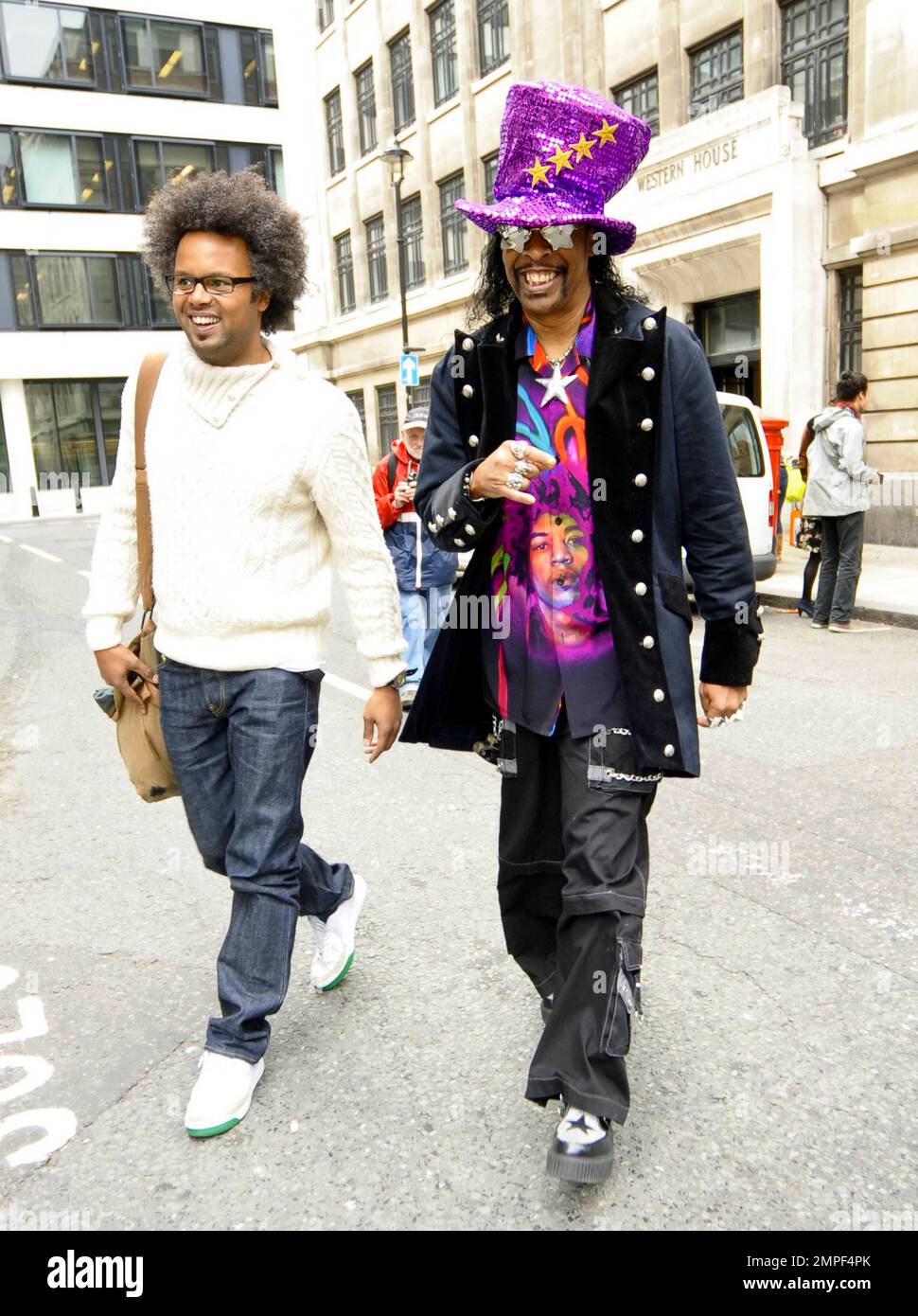 Always the flasy dresser, funk music legend Bootsy Collins wears a big