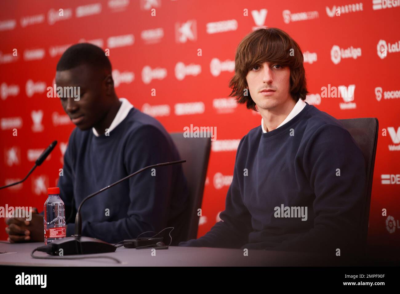 Seville, Spain. 31st Jan, 2023. Footballers Bryan Gil (R) and Pape Gueye (L) are presented as new Sevilla FC players during a press coference at the Estadio Ramon Sanchez Pizjuan in Seville. (Photo Credit: Gonzales Photo/Alamy Live News Stock Photo
