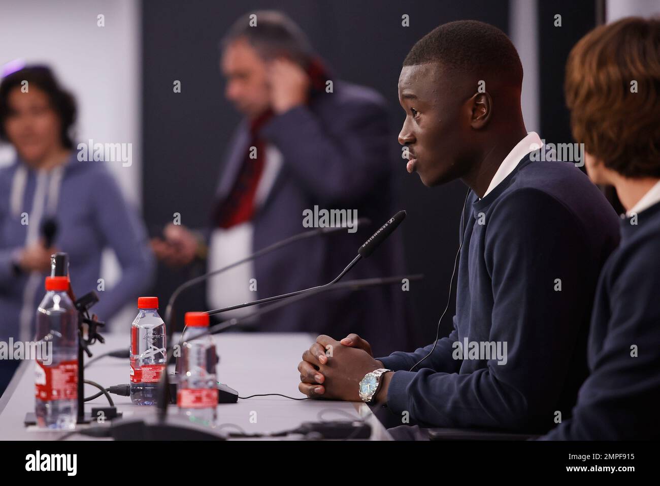 Seville, Spain. 31st Jan, 2023. Footballers Bryan Gil and Pape Gueye (pictured) are presented as new Sevilla FC players during a press coference at the Estadio Ramon Sanchez Pizjuan in Seville. (Photo Credit: Gonzales Photo/Alamy Live News Stock Photo