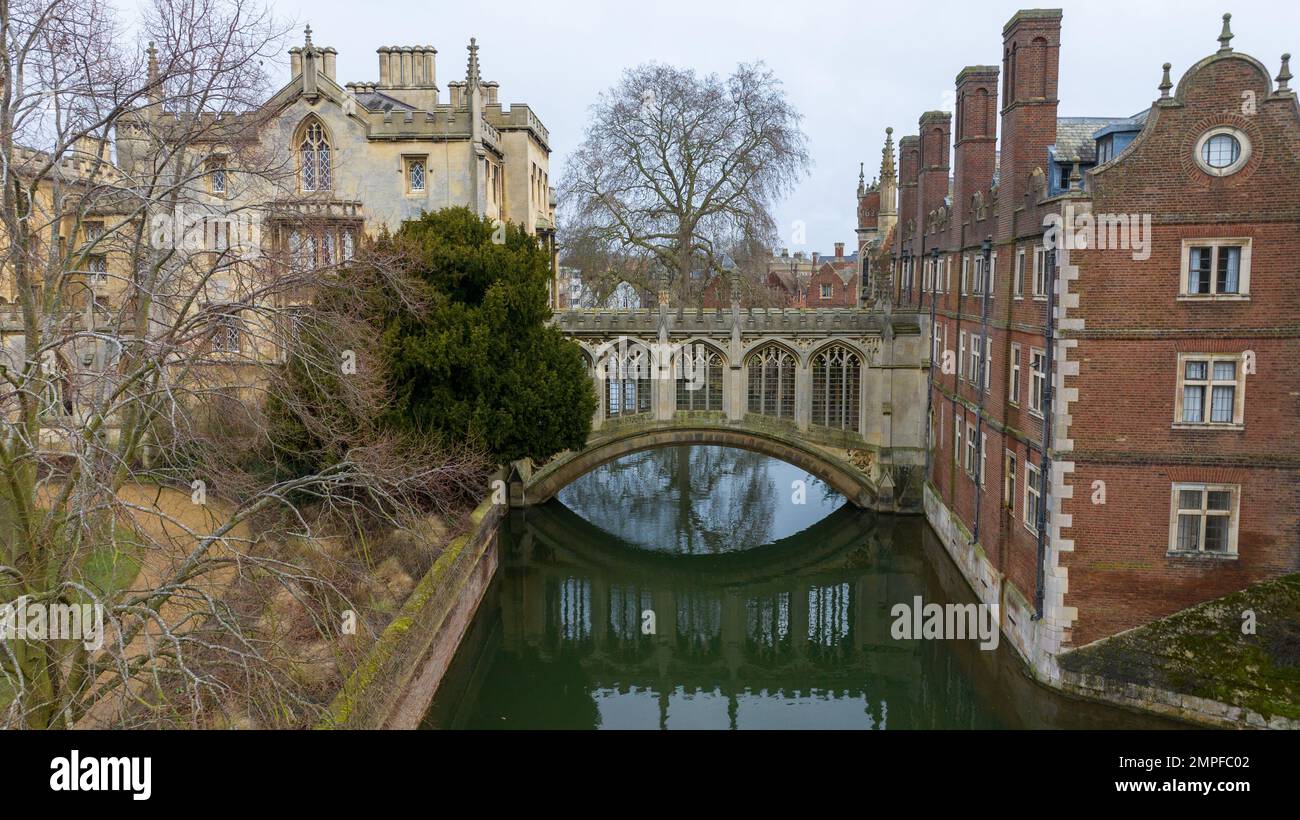 Picture dated January 26th 2023 shows an aerial view of  the Bridge of Sighs at St John’s College at Cambridge University. Stock Photo