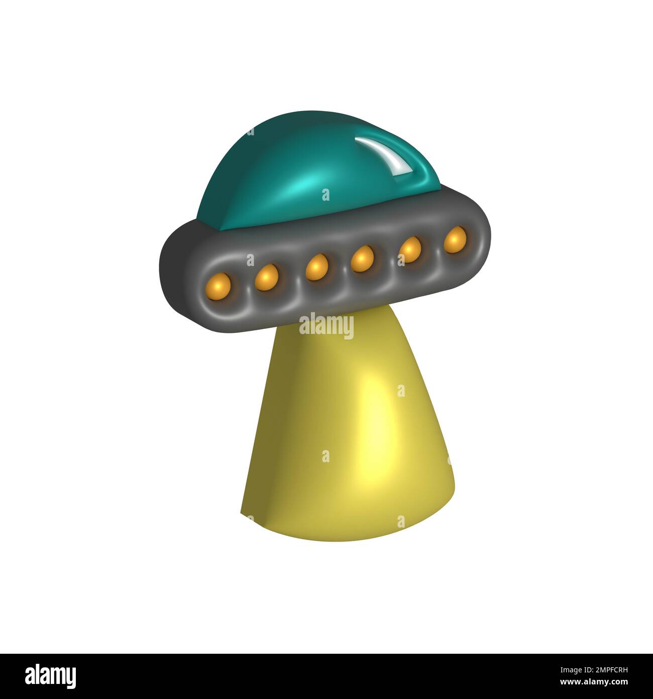3d render cartoon flying UFO on white background. Cute stylised alien spaceship. Colorful bright vector illustration for science, game, business. Swee Stock Photo