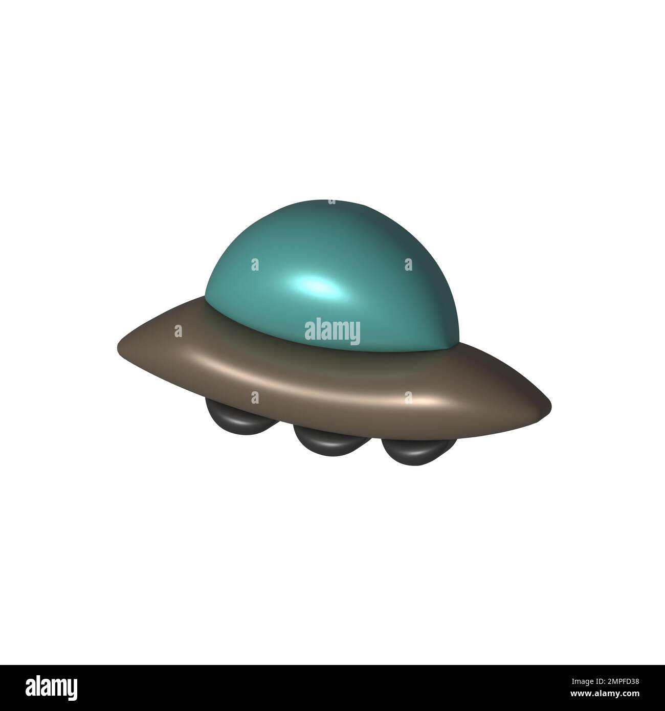3d render cartoon flying UFO on white background. Cute stylised alien spaceship. Colorful bright vector illustration for science, game, business. Swee Stock Photo