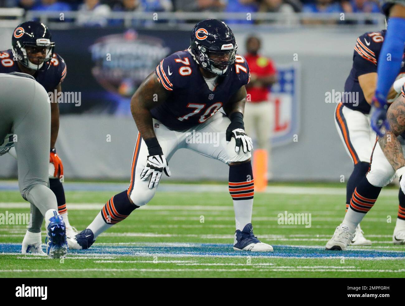 Chicago Bears offensive tackle Bobby Massie (70) sets to block against the San  Francisco 49ers during an NFL football game Sunday, Dec. 3, 2017, in  Chicago. The 49ers won the game 15-14. (