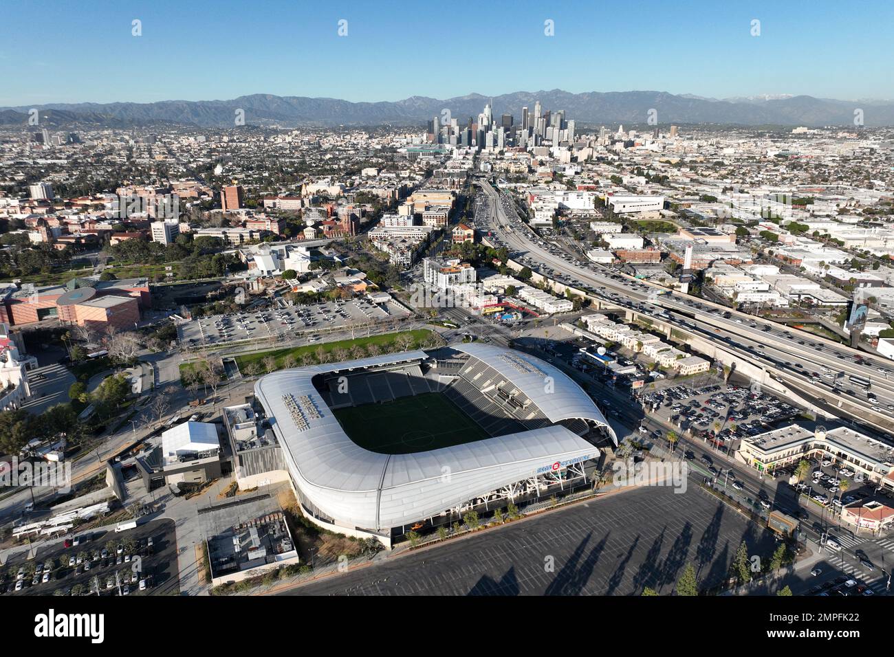 A general overall aerial view of BMO Stadium, formerly Banc of California Stadium, Thursday, Jan