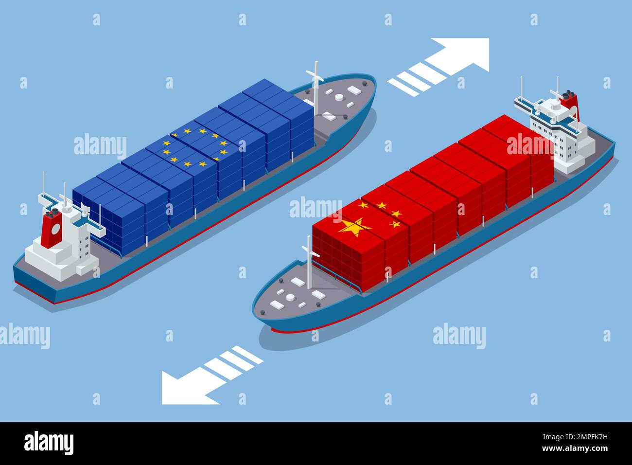 Isometric Containers with USA and China flag. Trade between the US and