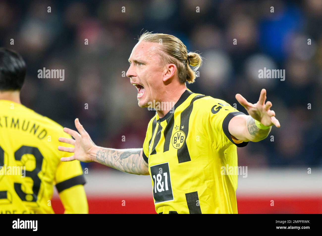 Marius WOLF (DO) gesture gesture Soccer 1st Bundesliga 18th matchday Bayer  04 Leverkusen (LEV) - Borussia Dortmund (DO) 0: 2 on January 29th, 2023 in  Leverkusen/ Germany. #DFL regulations prohibit any use