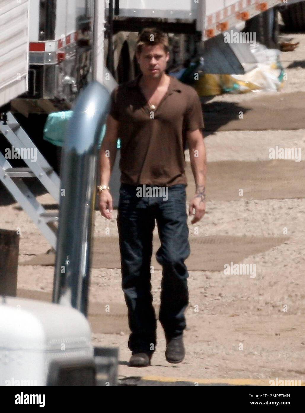 Brad Pitt on set of Oceans Thirteen filming in Los Angeles, Ca. Pitt