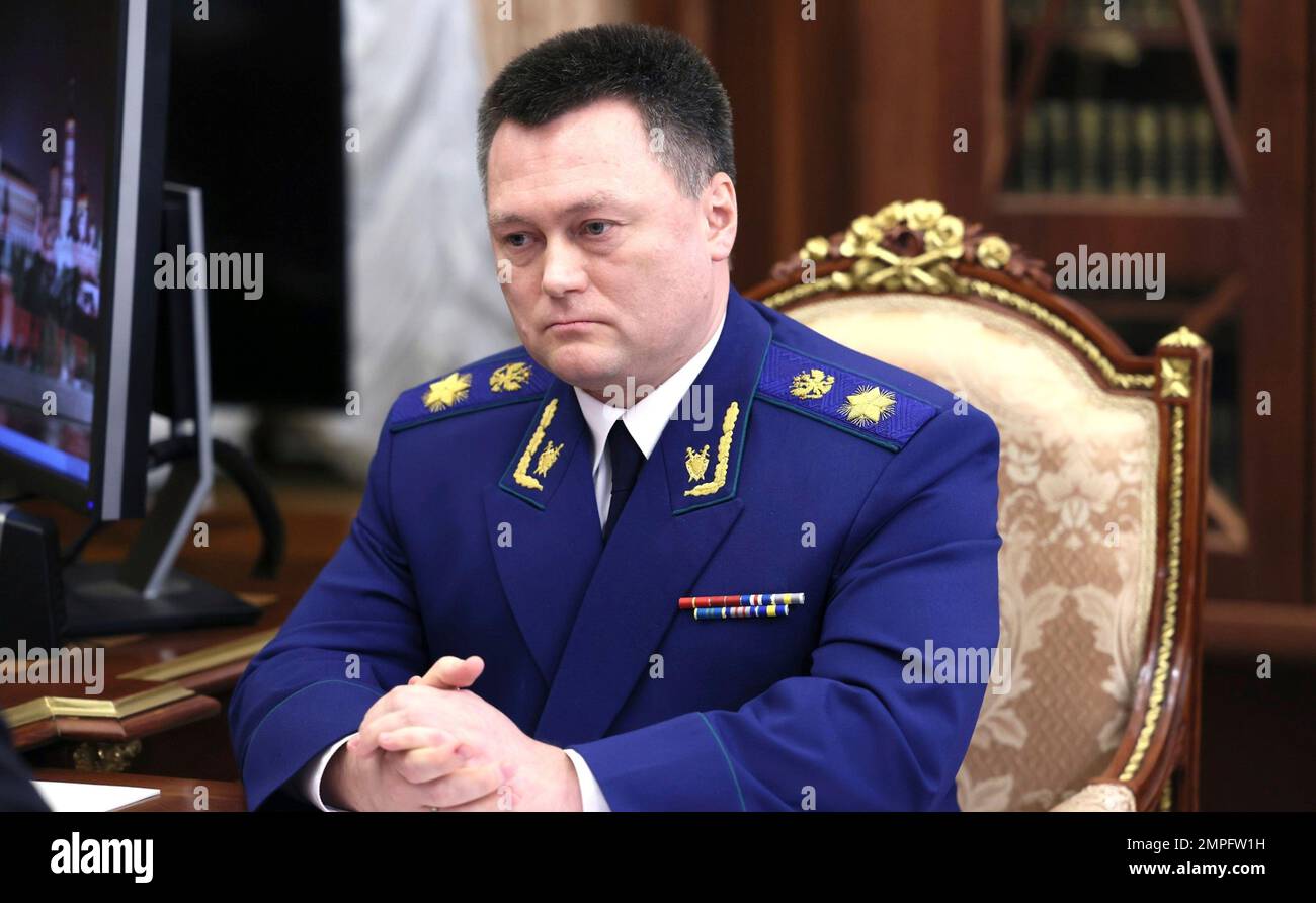 Moscow, Russia. 31st Jan, 2023. Russian Prosecutor General Igor Krasnov listens during a face-to-face meeting with President Vladimir Putin at the official residence of Novo-Ogaryovo, January 31, 2023 in Moscow Oblast, Russia. Credit: Mikhail Klimentyev/Kremlin Pool/Alamy Live News Stock Photo