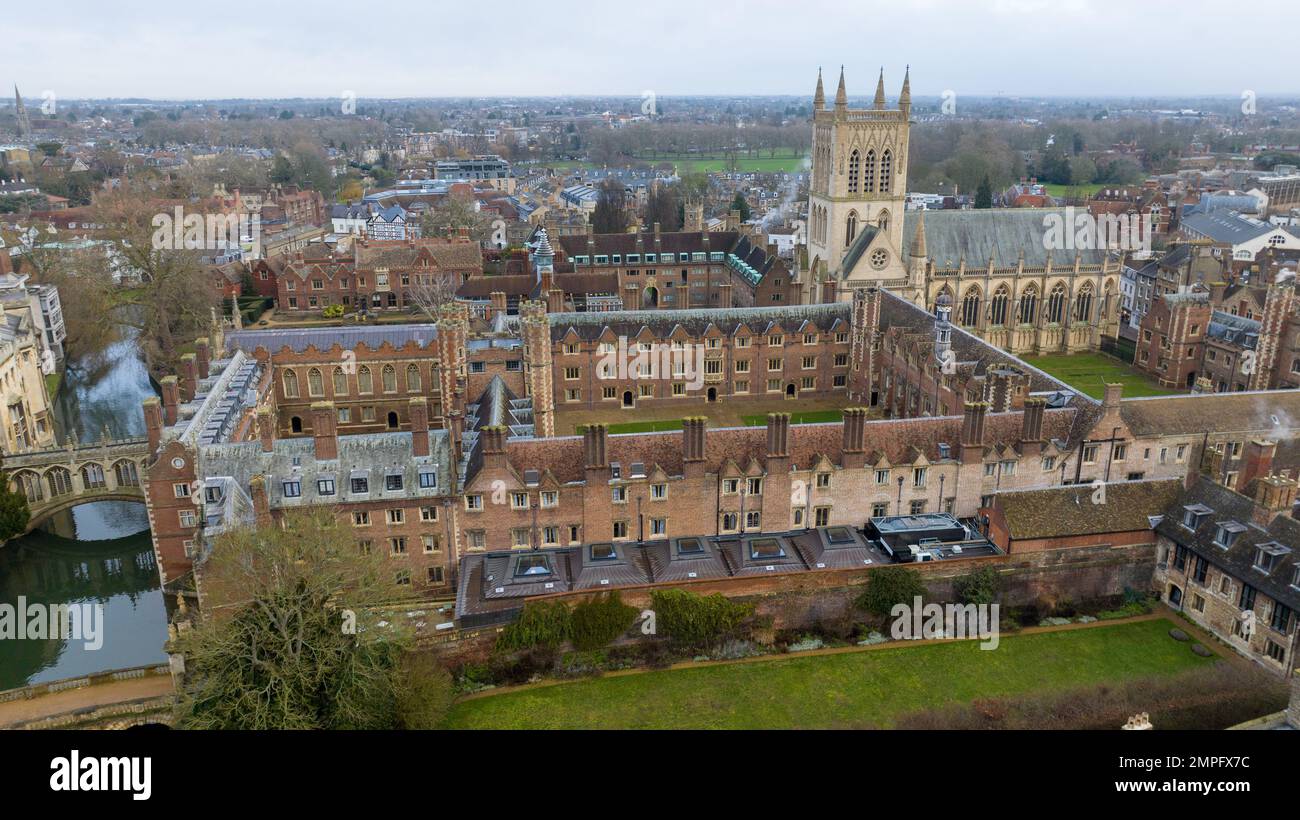 Picture dated January 26th 2023 shows an aerial view of St John’s College at Cambridge University. Stock Photo