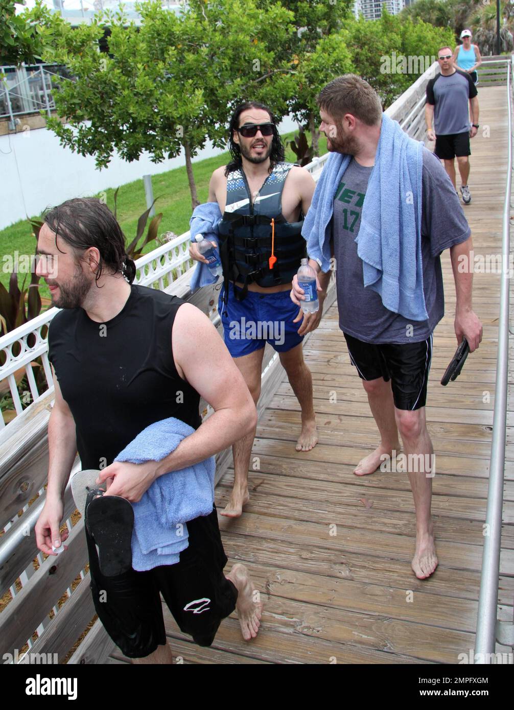 Russell Brand enjoys his first day in Miami by taking a ride on a jet ski  and posing for photos with fans on the beach. Despite the overcast weather,  Brand seemed in