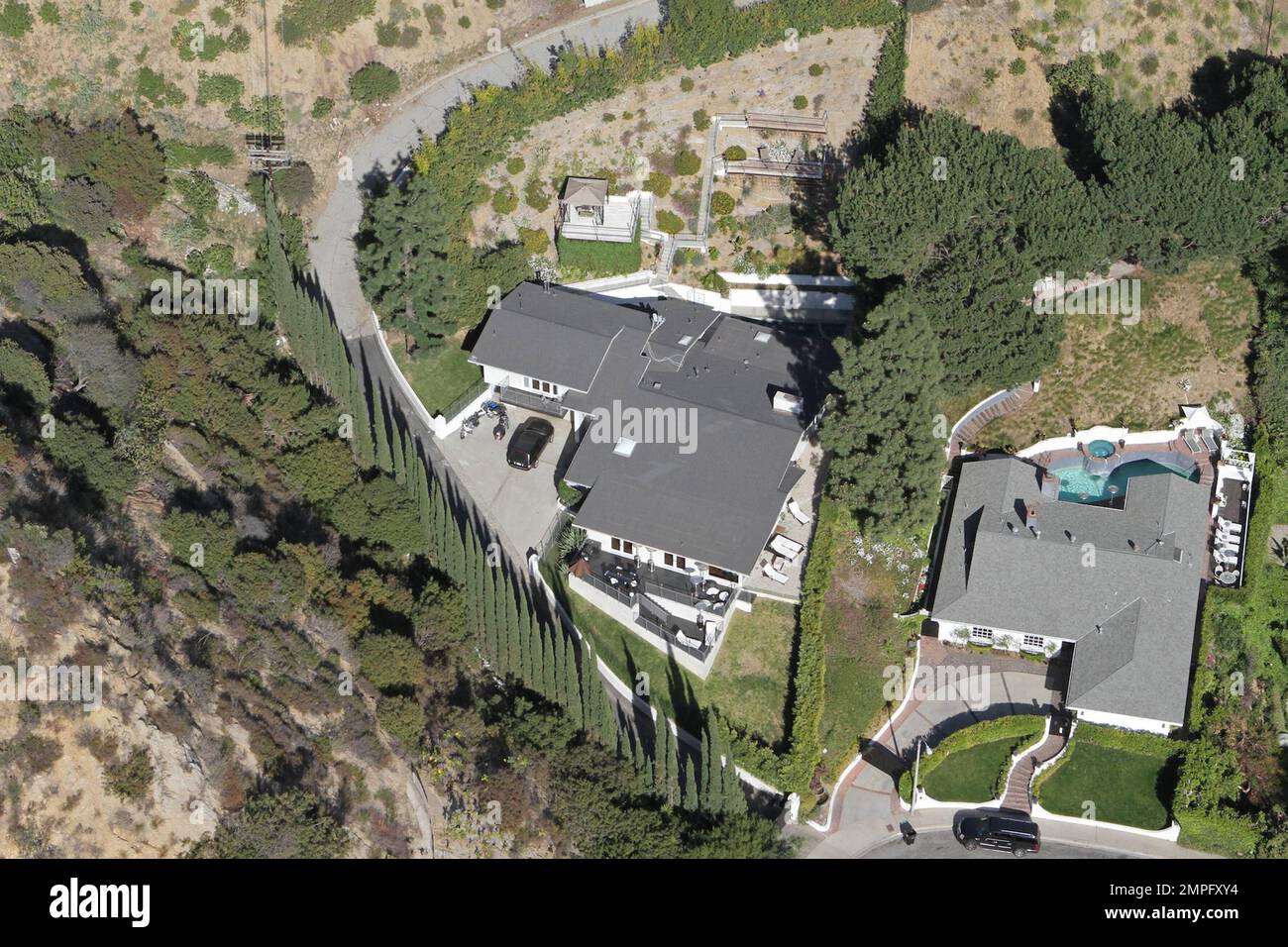 Aerial views of the $1.9 million dollar home Russell Brand reportedly  purchased in the Prestigious Doheny Estates section of the Hollywood Hills  after his his break-up with estranged wife Katy Perry. The