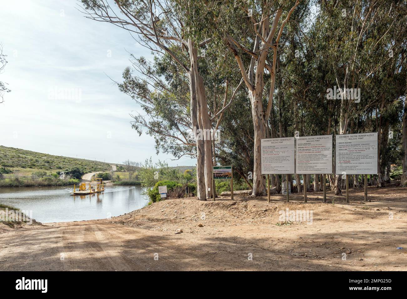 Malagas, South Africa - Sep 24, 2022: Information boards and the ferry ...