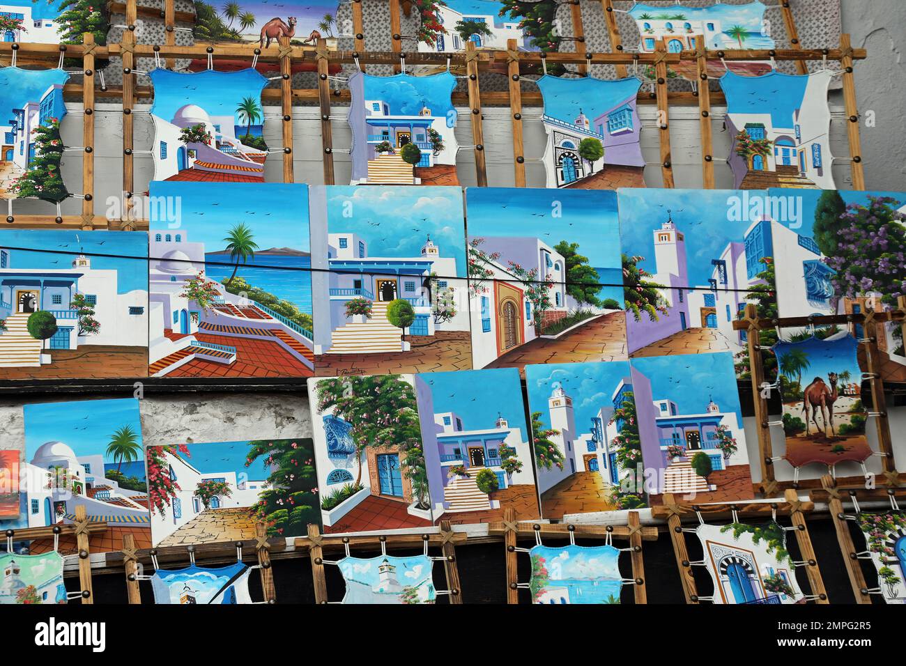 Souvenir paintings of Sidi Bou Said in Tunisia Stock Photo