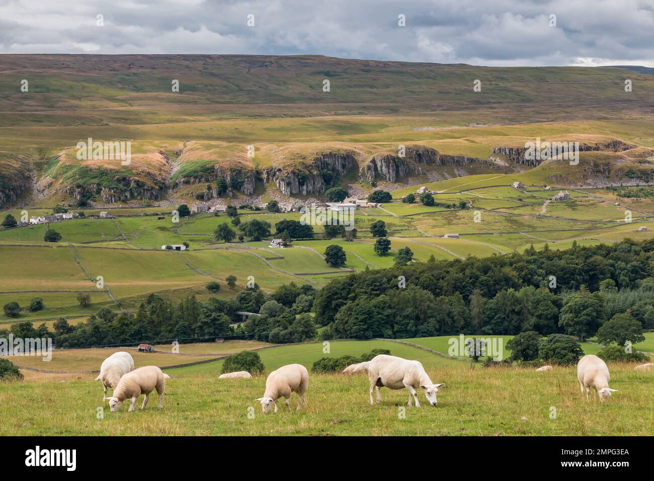 A bright interval on the remote farming hamlet of Holwick in Upper Teesdale, taken from across the dale at Stable Edge. Stock Photo