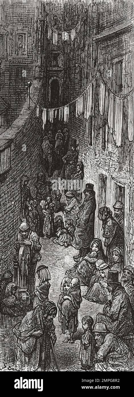 Orange Court, Drury Lane, London in the 19th century when it was amongst the city's worse slums.  After an illustration by Gustave Doré in the 1890 American edition of London: A Pilgrimage written by Blanchard Jerrold and illustrated by Gustave Doré. Stock Photo