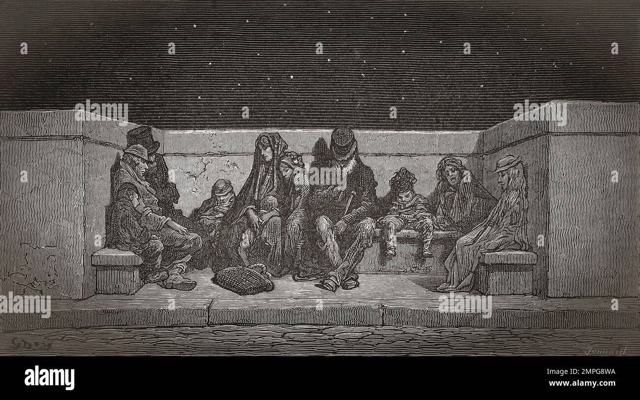 Asleep under the stars.  A group of homeless people resting and sleeping on a stone seat on a bridge in London in the 19th century.  After an illustration by Gustave Doré in the 1890 American edition of London: A Pilgrimage written by Blanchard Jerrold and illustrated by Gustave Doré. Stock Photo