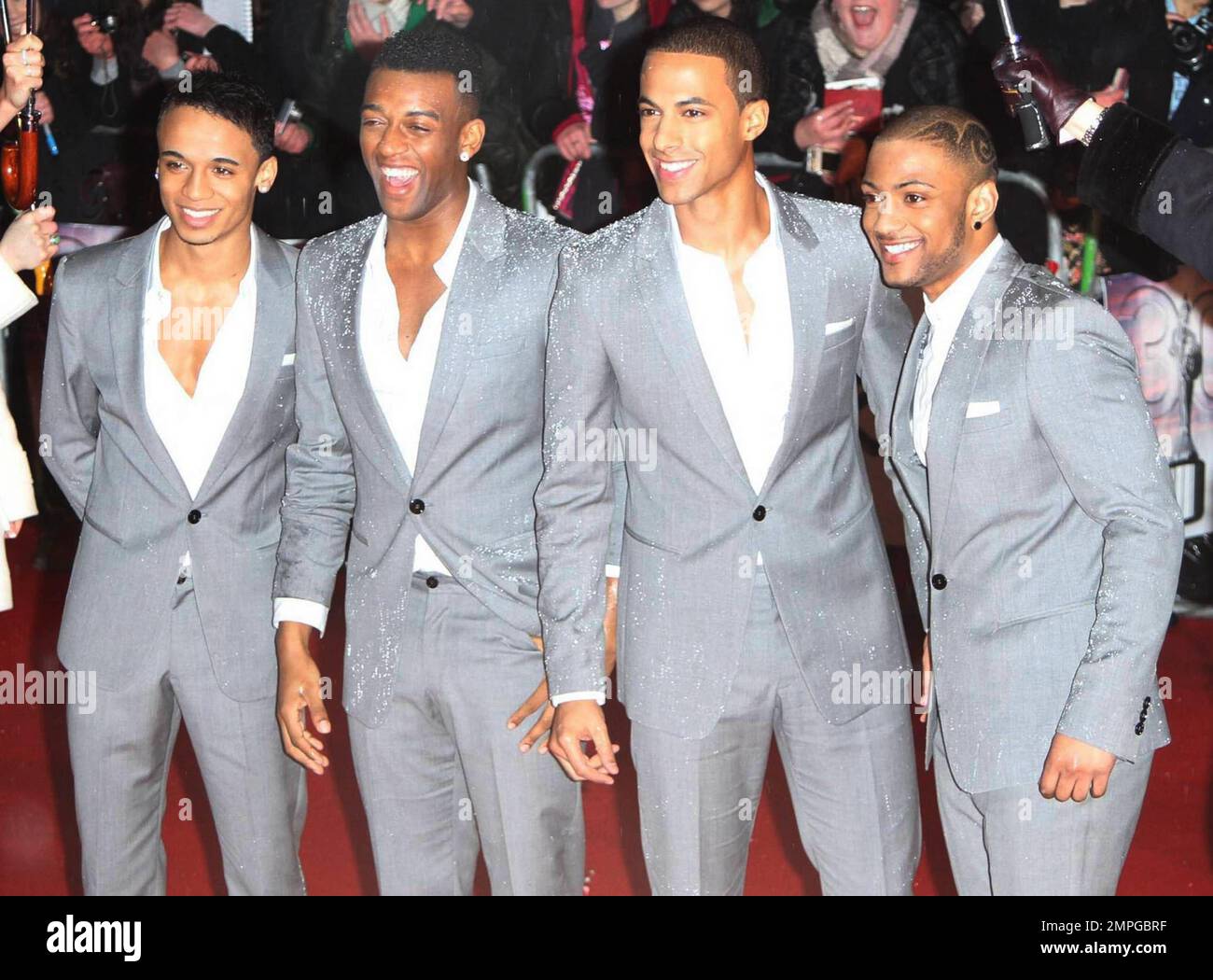 Aston Merrygold, Marvin Humes, Jonathan (JB) Gill and Oritse Williams of JLS (Jack the Lad Swing) walk the red carpet at The Brit Awards 2010 at Earls Court.  London, UK. 2/16/2010.    . Stock Photo