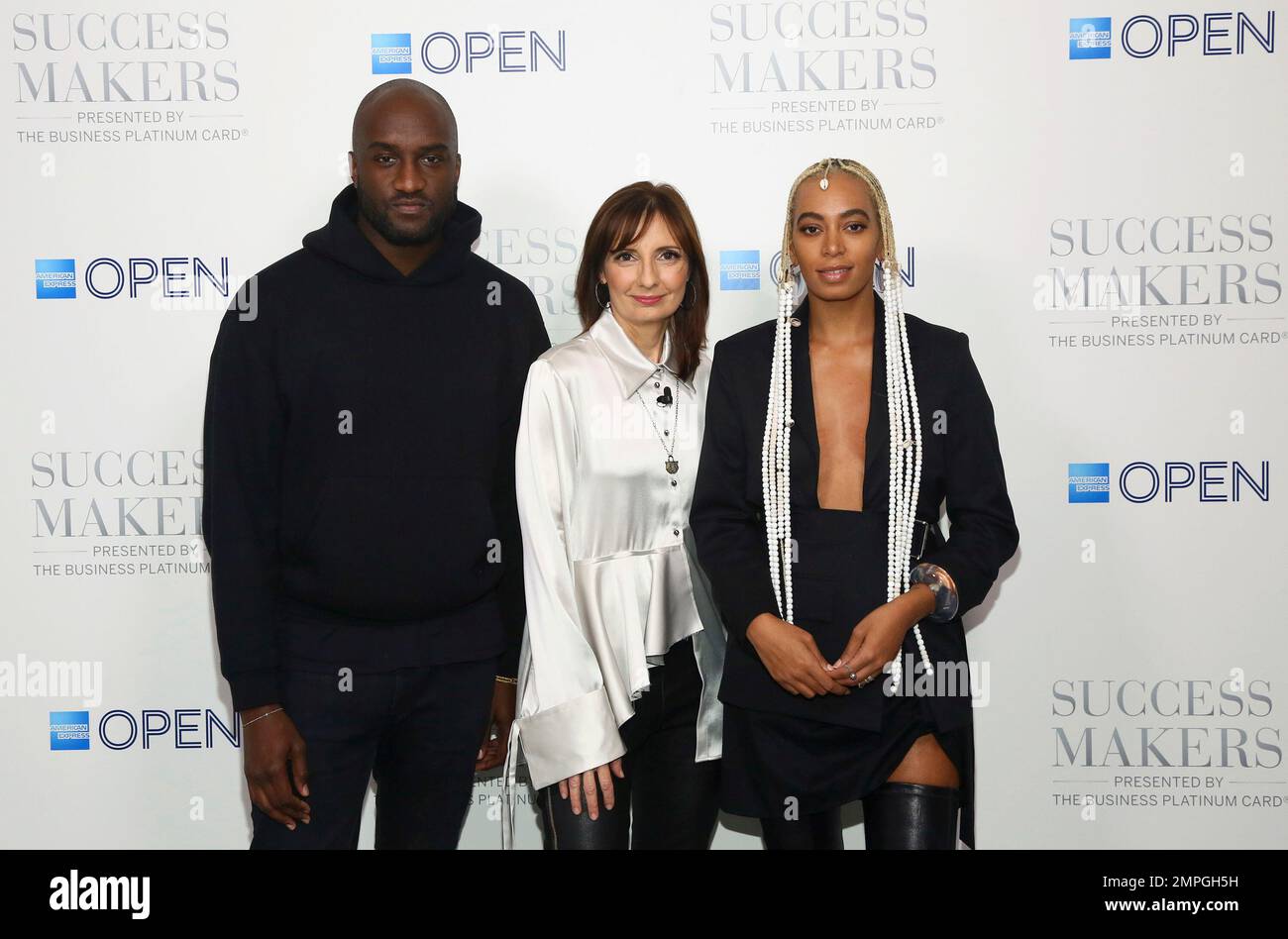 IMAGE DISTRIBUTED FOR AMERICAN EXPRESS OPEN - Pictured from left to right,  Virgil Abloh, Founder of Off-White, Susan Sobbott, President of Global  Commercial Payments at American Express and Solange Knowles, Founder of