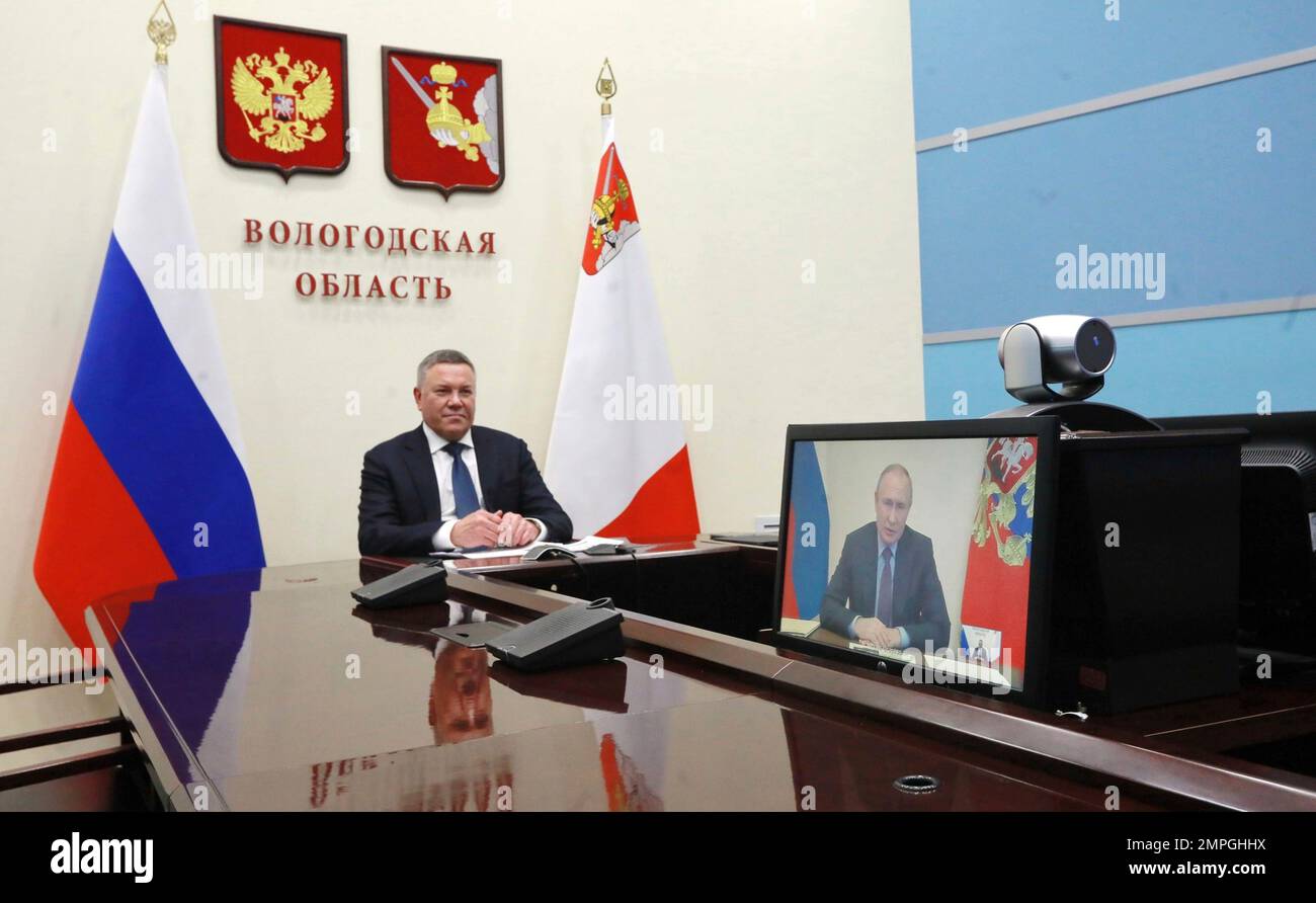 Vologda, Russia. 30th Jan, 2023. Vologda Governor Oleg Kuvshinnikov smiles during a teleconference meeting with Russian President Vladimir Putin from the administrative office, January 30, 2023 in Vologda, Russia. Credit: Vologda Governor Press Service/Kremlin Pool/Alamy Live News Stock Photo