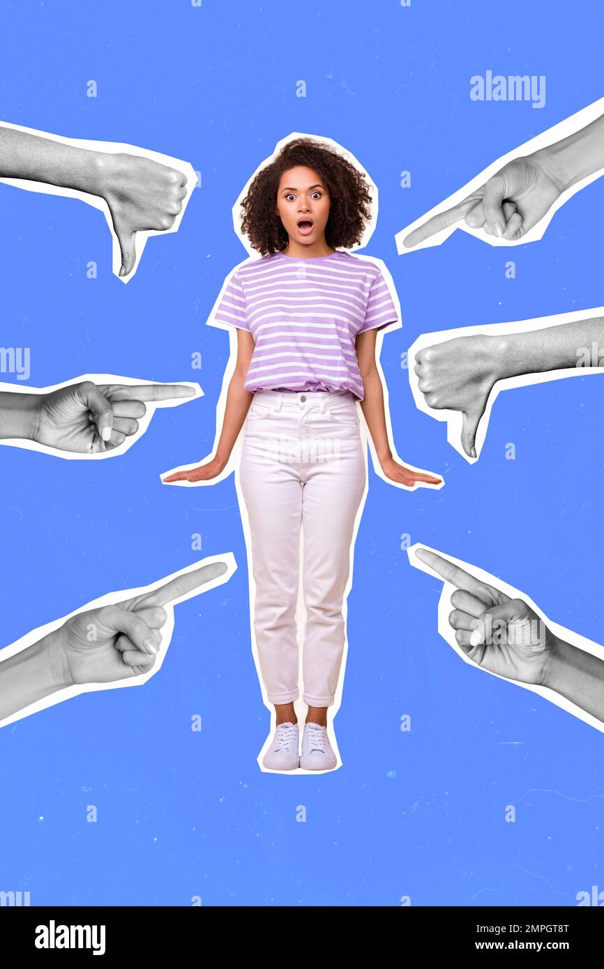Vertical collage image of hand demonstrate thumb down point fingers ...