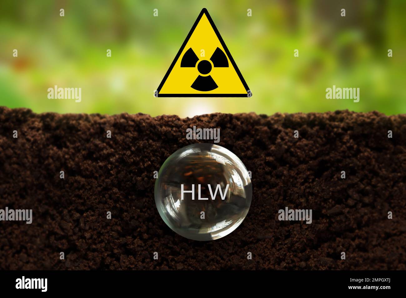 HLW Transparent capsule underground on a green background. radioactive