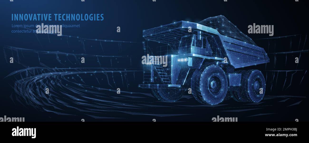 Heavy dump truck. Abstract 3d large dumper on blue. Mining machinery, industry equipment, big career, open extraction, anthracite coal, gold mining Stock Vector