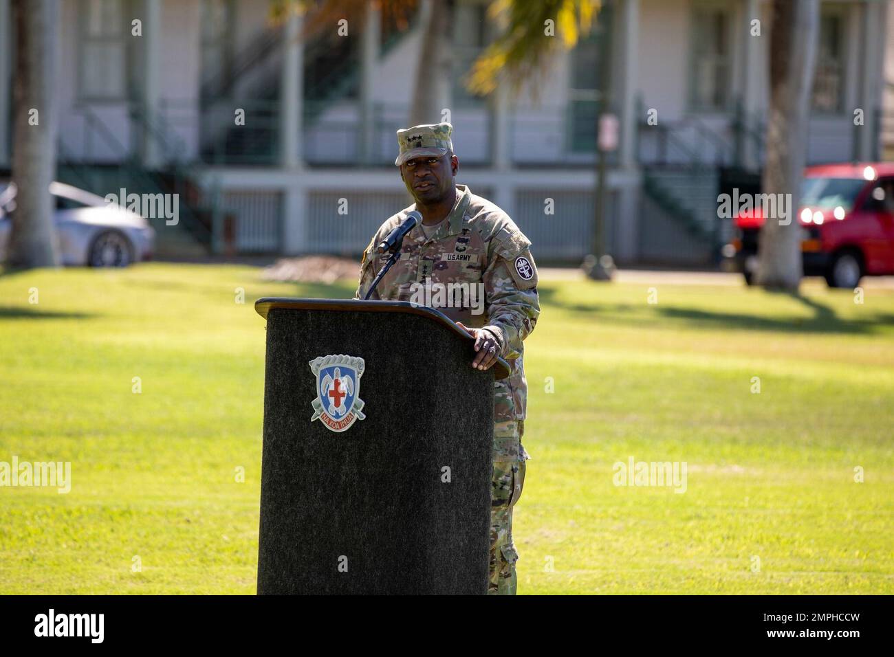 Lt. Gen. R. Scott Dingle, U.S. Army Surgeon General, and Commanding General, U.S. Army Medical Command, addresses the MEDCOM Army readiness mission to the audience at the re-designation ceremony of the Regional Health Command – Pacific (RHC-P) to the Medical Readiness Command, Pacific (MRC, P) on October 18, 2022, at Fort Shafter Army Base. (U.S. Army Photo) Stock Photo