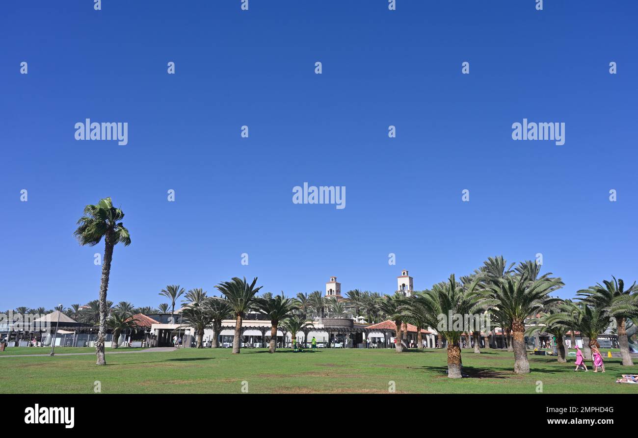 Maspalomas, park and plaza del Faro adjacent to landmark lighthouse, Gran Canaria Stock Photo