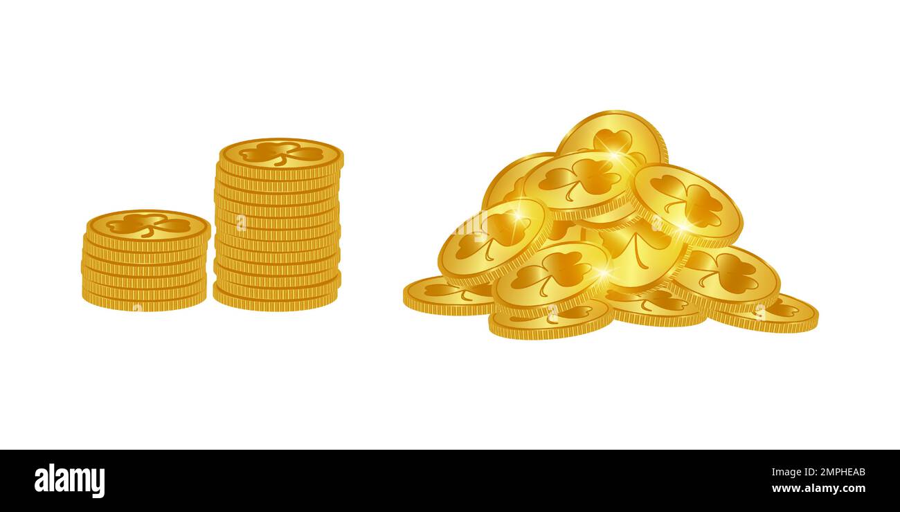Gold coins isolated on white background. Pile and stack of golden coins with clover. Vector illustration. Stock Vector