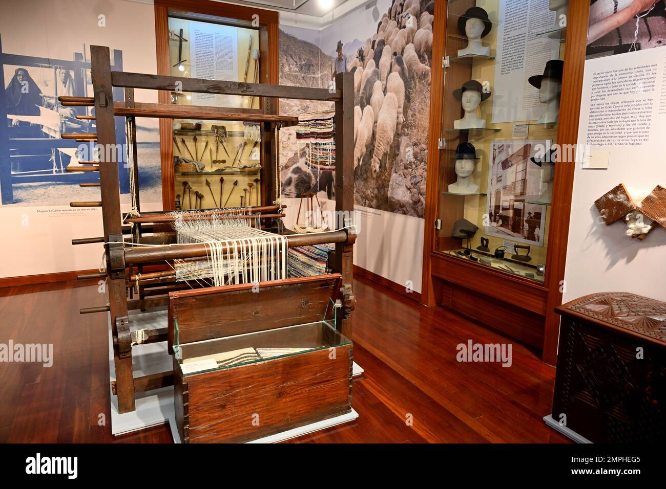 Exhibitions inside the Maspalomas lighthouse museum, Latarnia Morska, history of tapestry in the island, Gran Canaria Stock Photo
