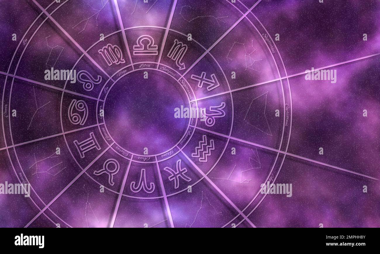 Astrology wheel, Horoscope Signs, Stars Night Sky Stock Photo