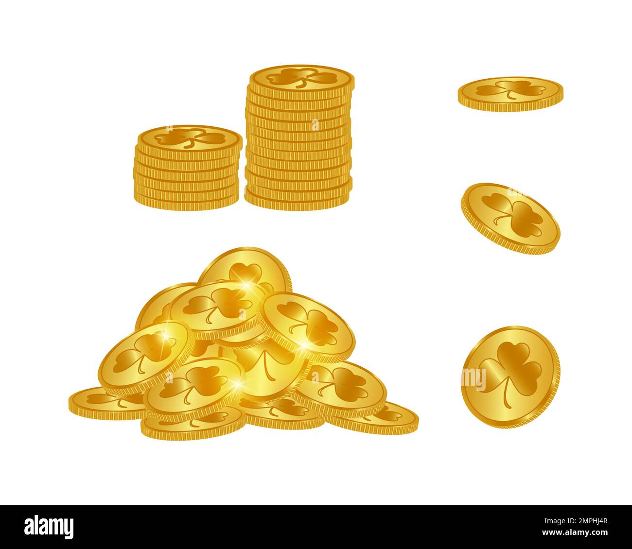 Pile and stack of gold coins with shamrock isolated on white. Coins with the sign of clover. Vector illustration. Stock Vector