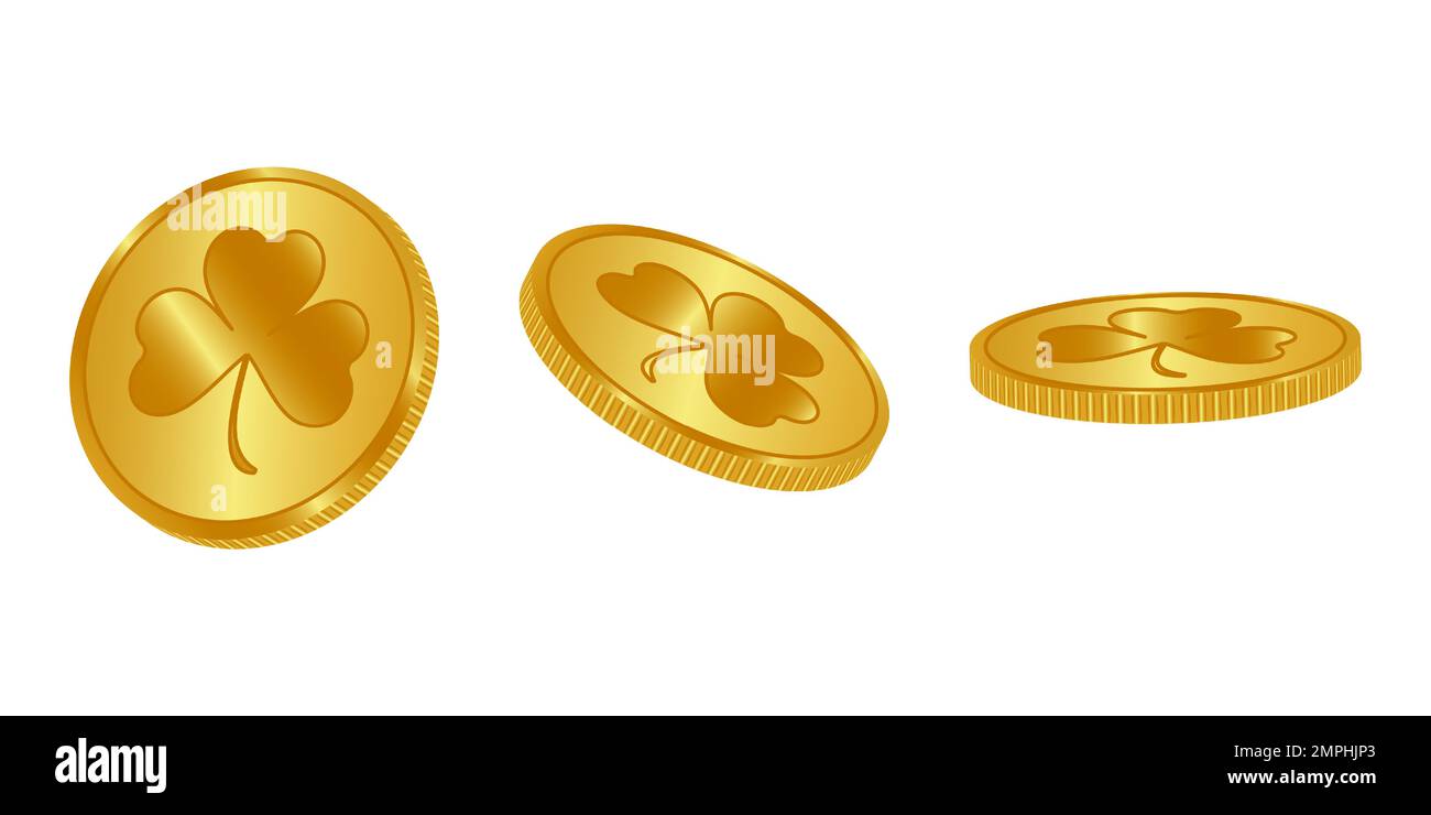Gold coins with shamrock isolated on white in different positions. Coins with the sign of clover. Vector illustration. Stock Vector