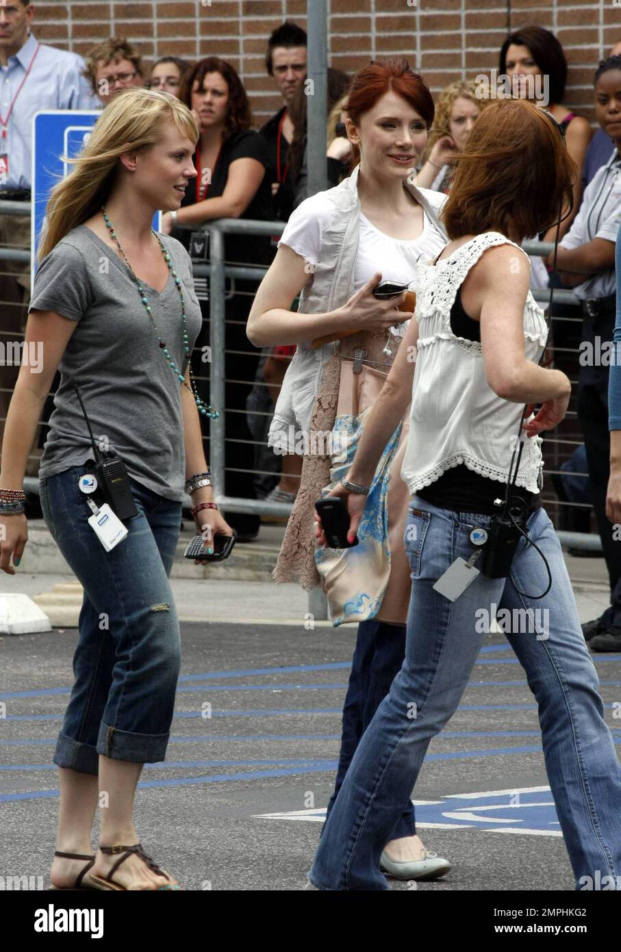 EXCLUSIVE!! Bryce Dallas Howard looks cute in a white top and jeans as she arrives for an appearance on the 'Chelsea Lately Show' to promote her new film 'Twilight Saga: Eclipse' in theaters today. Los Angeles, CA. 6/29/10. Stock Photo