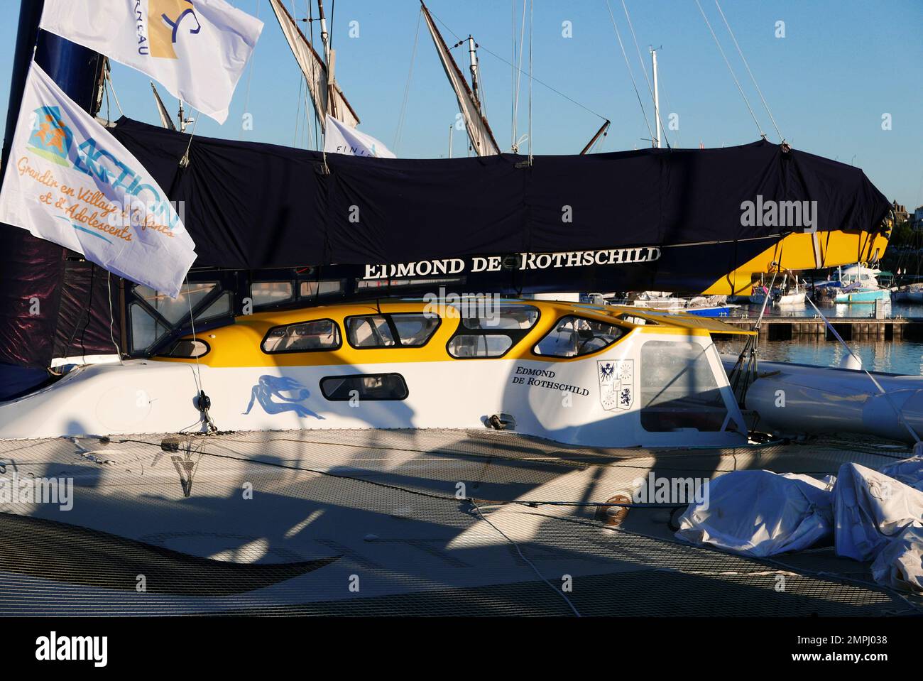Maxi Edmond de Rothschild in Concarneau port, walled town, medieval ville close, Finistere, Bretagne,Brittany, France Stock Photo