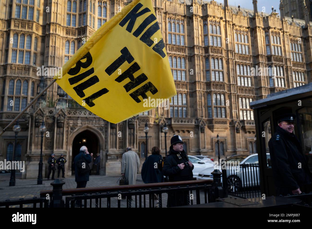 On January 30th 2023 demontrators protest  opposite the House of Lords as the bill to give more power to the police is debated Stock Photo