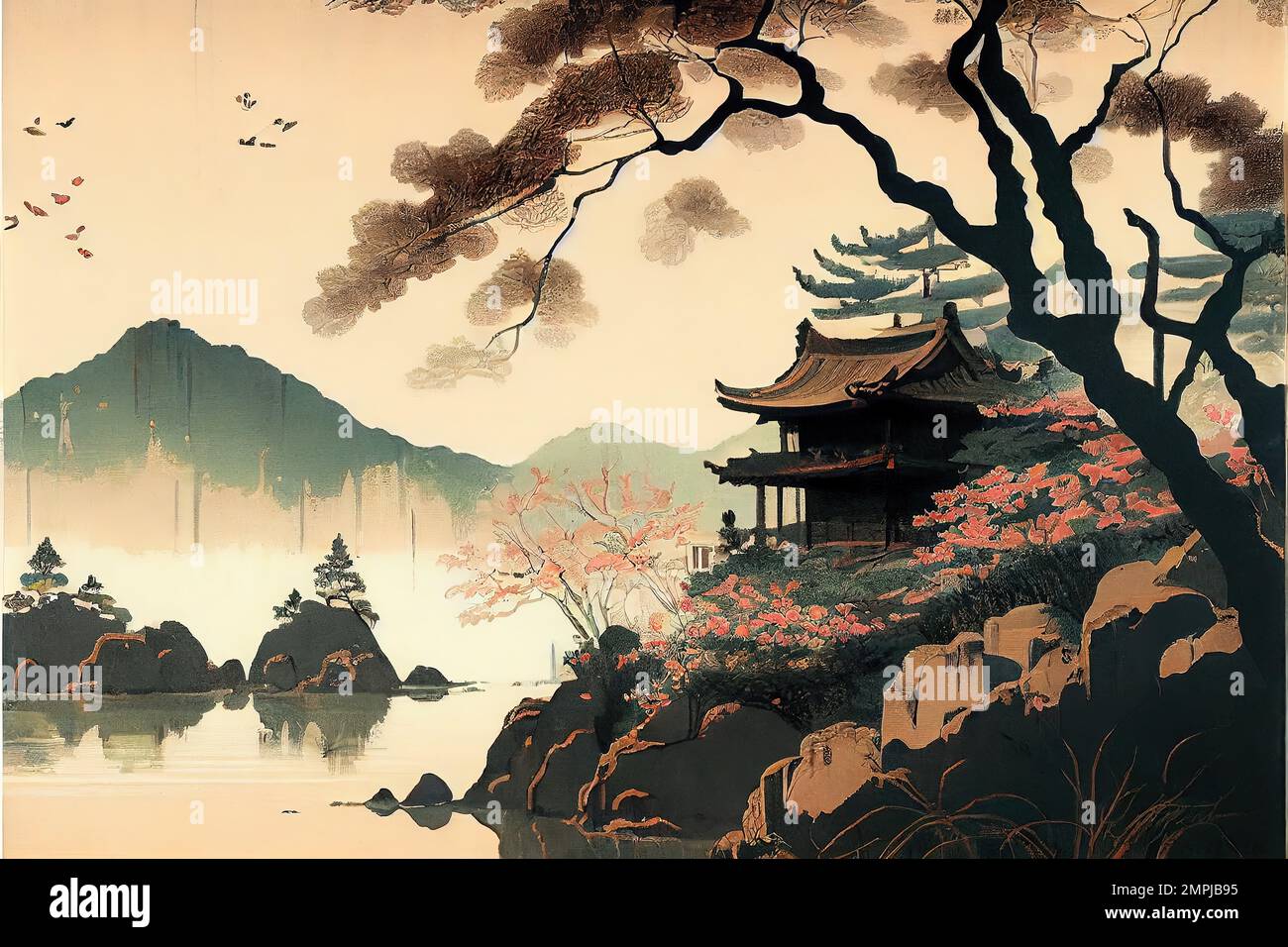 An AI generated illustration of a Japanese style painting with