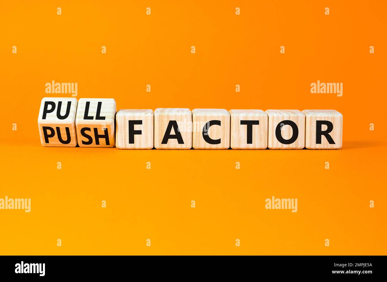 Pull or push factor symbol. Concept word Pull factor and Push factor on wooden cubes. Beautiful orange table orange background. Business pull or push Stock Photo