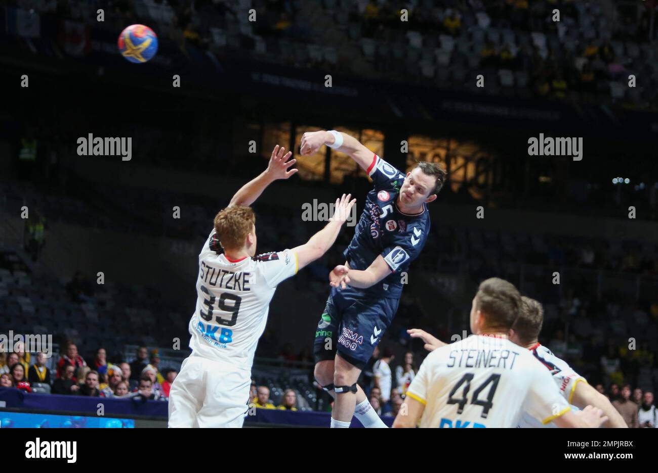 Sander Sagosen of Norway and Lukas Stutzke of Germany during the IHF Men's  World Championship 2023, Placement matches 5-6, Handball match between  Germany and Norway on January 29, 2023 at Tele2 Arena