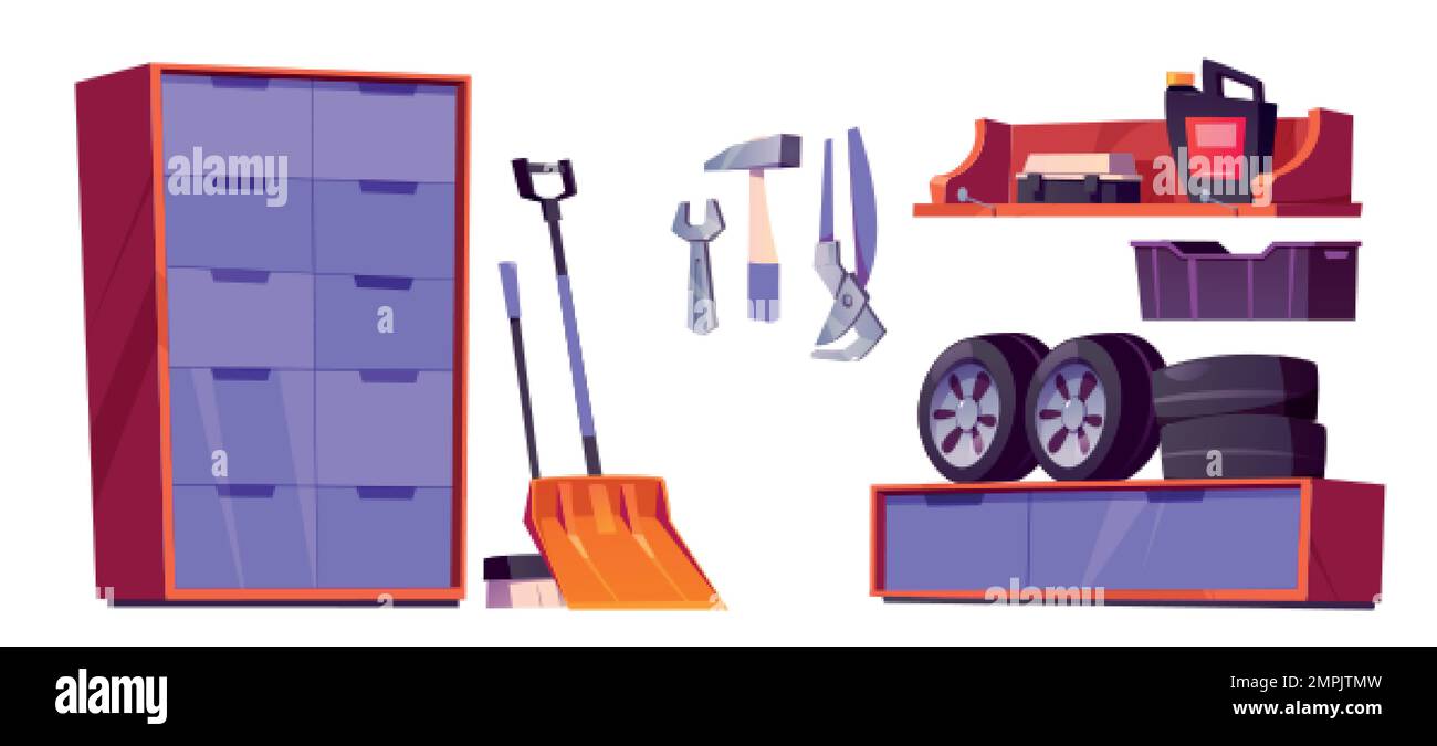 Garage, workshop or storage room interior set with repair tools, car tyres, snow shovel, broom, toolbox on shelf and cabinet isolated on white backgro Stock Vector