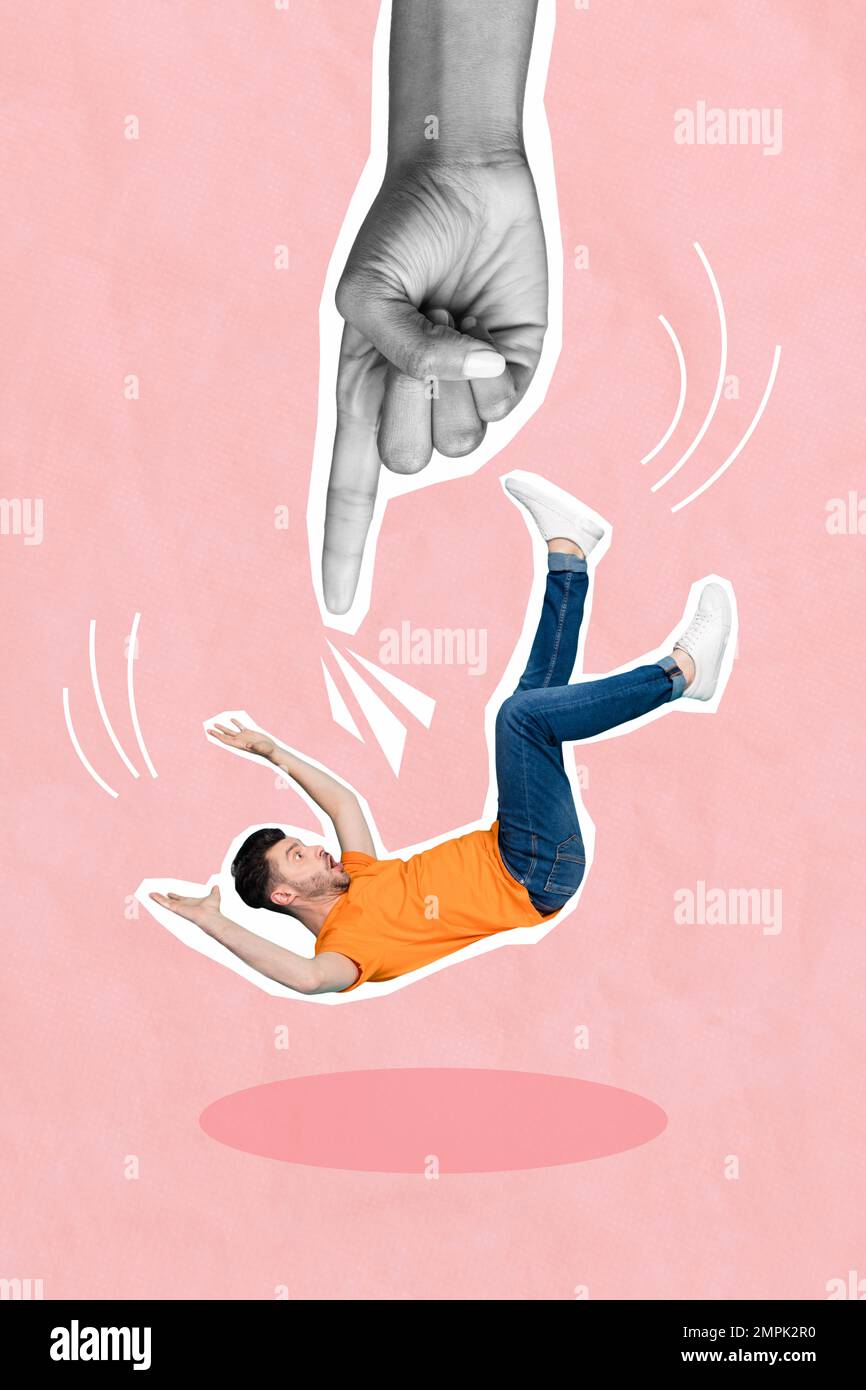 Vertical creative photo collage illustration of huge arm directing push ...