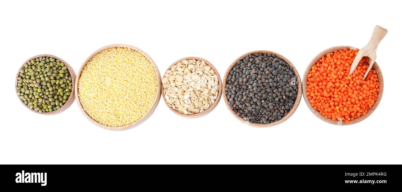 Different types of legumes and cereals on white background, top view