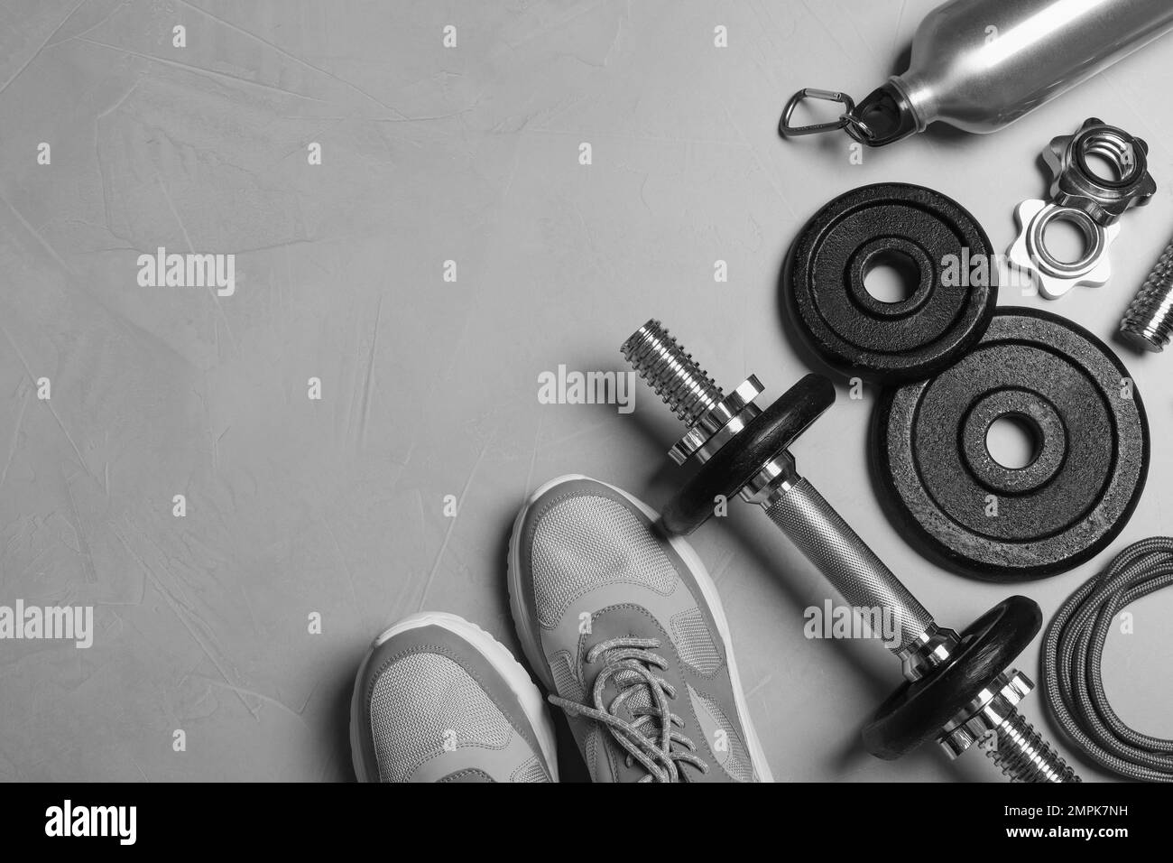 Gym equipment on light grey background, flat lay Stock Photo - Alamy