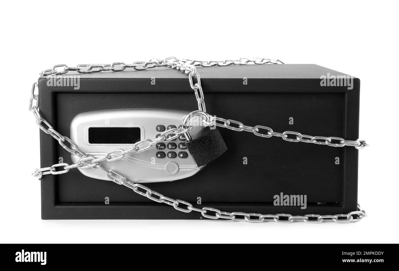 Black steel safe with chain and padlock isolated on white Stock Photo ...