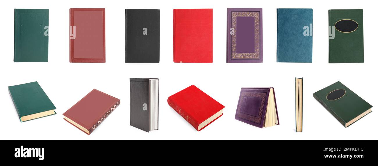 Set of hardcover books on white background Stock Photo - Alamy