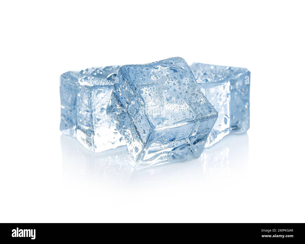 Crystal clear ice cubes with water drops isolated on white Stock Photo
