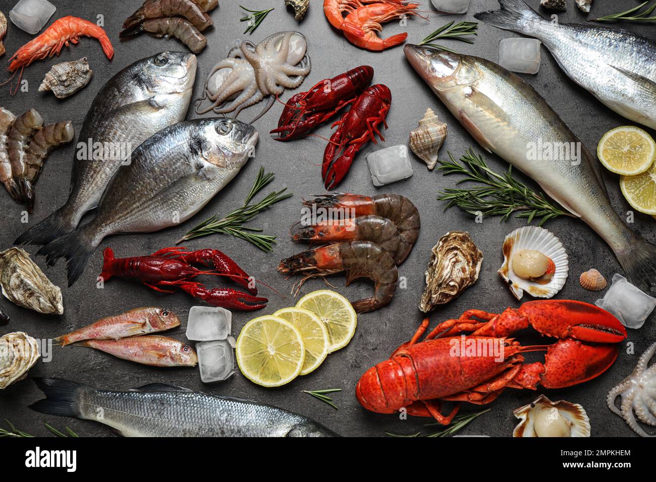 Fresh fish and seafood on grey table, flat lay Stock Photo - Alamy