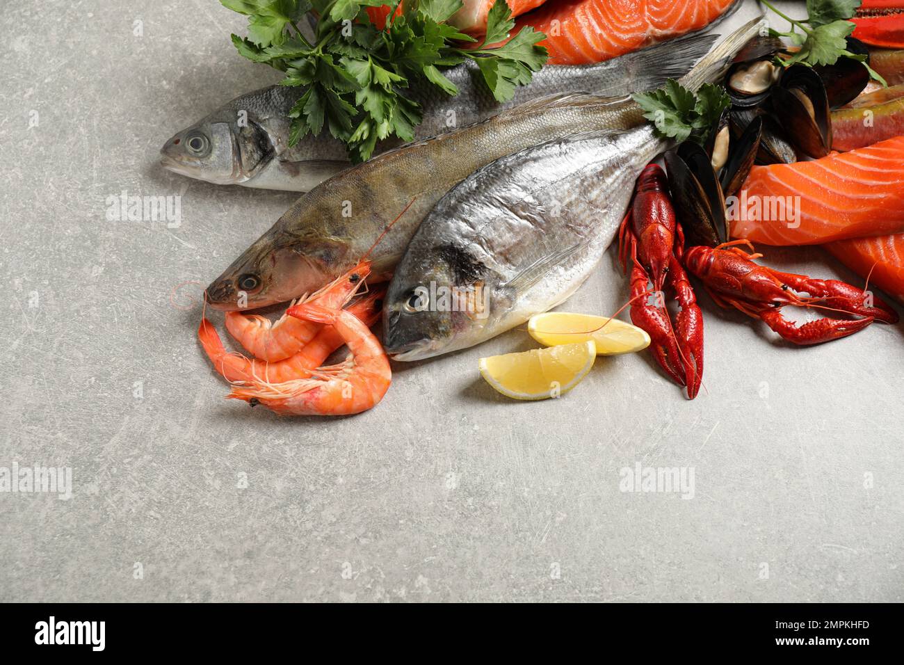 Fresh raw fish and different seafood on light grey table. Space for ...